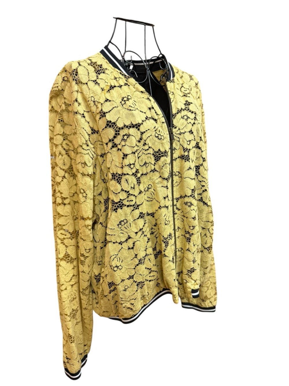 Elvi Yellow Floral Lace Zip Bomber Jacket